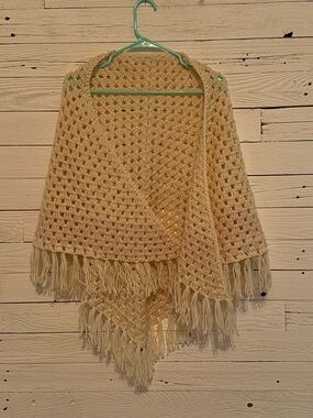 Cream Crochet Fringe Shawl Wrap